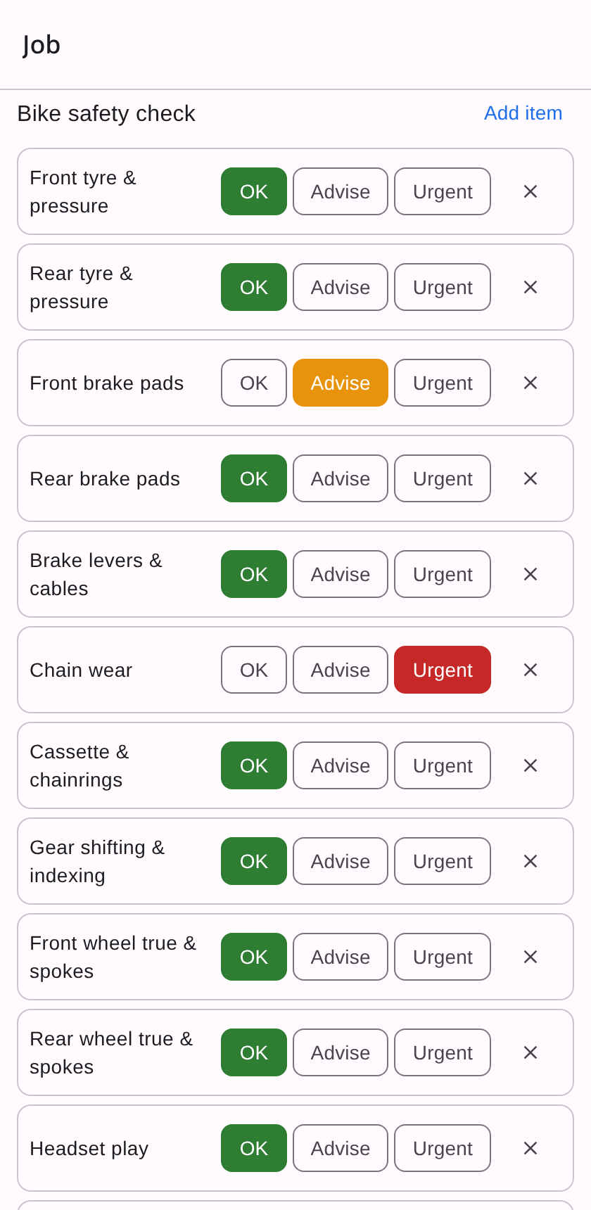 The bike safety check on a job: tyres, brake pads, levers and cables, chain wear, cassette, gear indexing, wheel true and headset, each graded OK, Advise or Urgent — front pads on Advise, chain wear Urgent