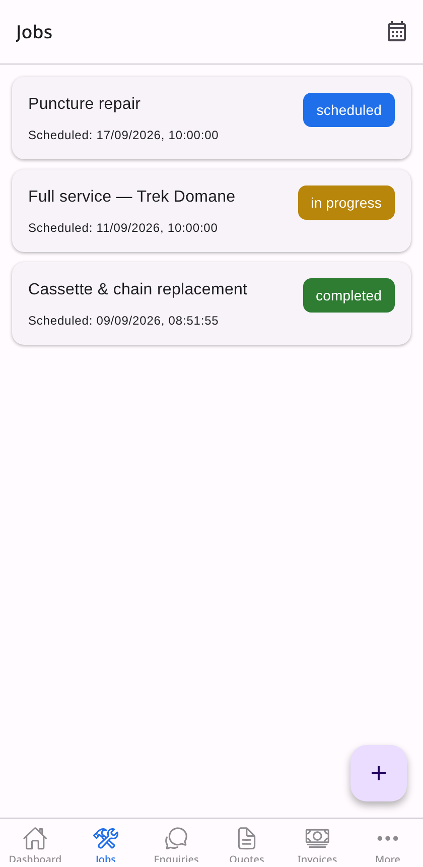 MechanoMan jobs list for a bike shop: a puncture repair scheduled for next week, a full service on a Trek Domane in progress today, and a completed cassette and chain replacement