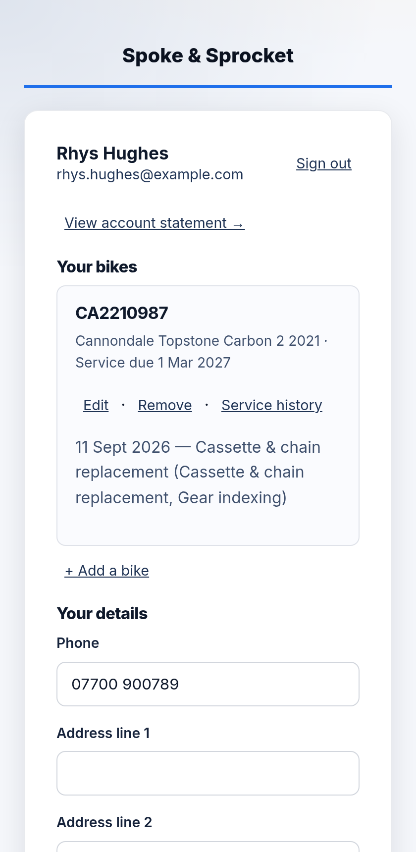 The customer portal branded as Spoke & Sprocket: the customer's Cannondale Topstone listed by frame number with its service-due date and service history showing the cassette and chain replacement