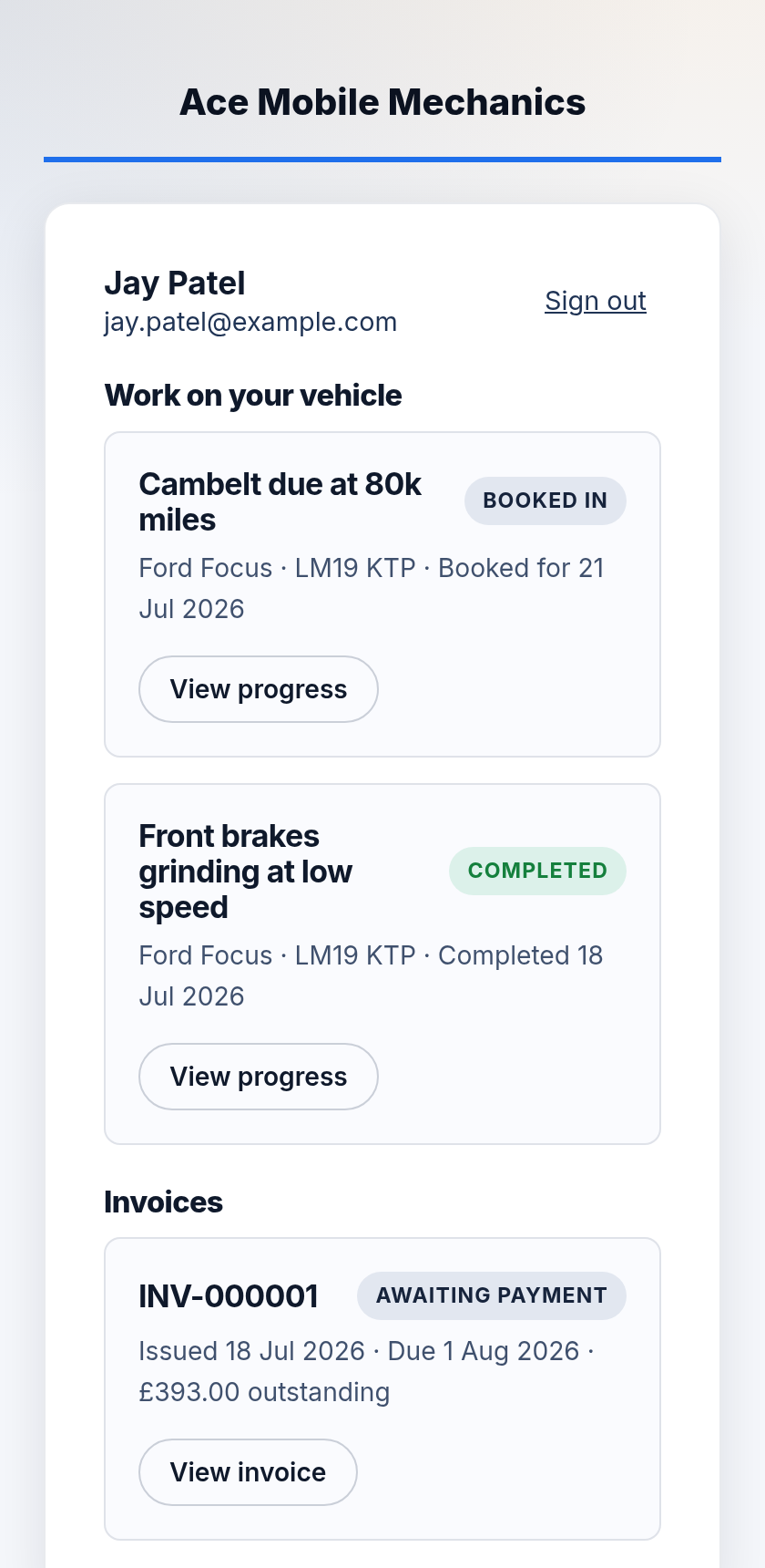 The customer portal branded as Ace Mobile Mechanics: the customer's jobs with live progress and vehicle details, and an invoice awaiting payment